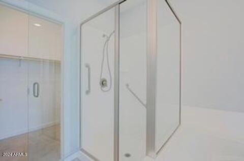 bathroom with a shower with shower door