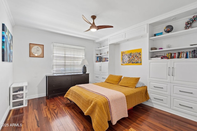 710 E Hayward Ave, Phoenix, AZ 85020 - bedroom with crown molding, dark wood-style flooring, ceiling fan, and baseboards