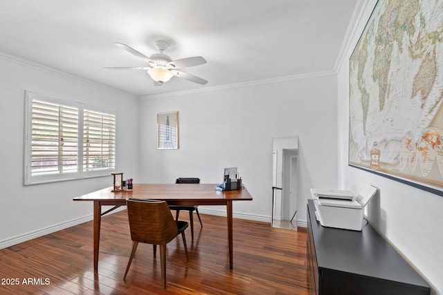 710 E Hayward Ave, Phoenix, AZ 85020 - office with dark wood-style flooring, crown molding, a ceiling fan, and baseboards