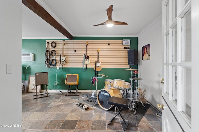 710 E Hayward Ave, Phoenix, AZ 85020 - game room featuring baseboards, crown molding, stone finish floors, ceiling fan, and a wall mounted AC