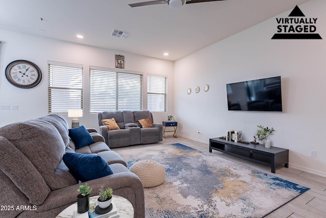 22960 N 94th Ln, Peoria, AZ 85383 - living area featuring ceiling fan, baseboards, recessed lighting, and light wood-type flooring