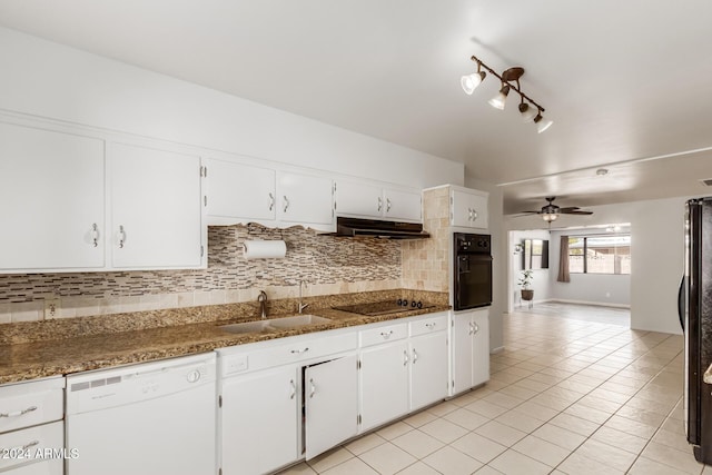 kitchen featuring black appliances, white cabinets, sink, decorative backsplash, and ceiling fan