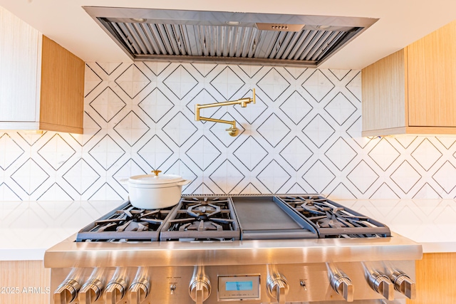 10918 W Dove Roost Rd, Queen Creek, AZ 85144 - kitchen featuring exhaust hood, light brown cabinetry, backsplash, and modern cabinets