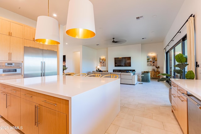 10918 W Dove Roost Rd, Queen Creek, AZ 85144 - kitchen with appliances with stainless steel finishes, light brown cabinetry, a ceiling fan, light countertops, and open floor plan