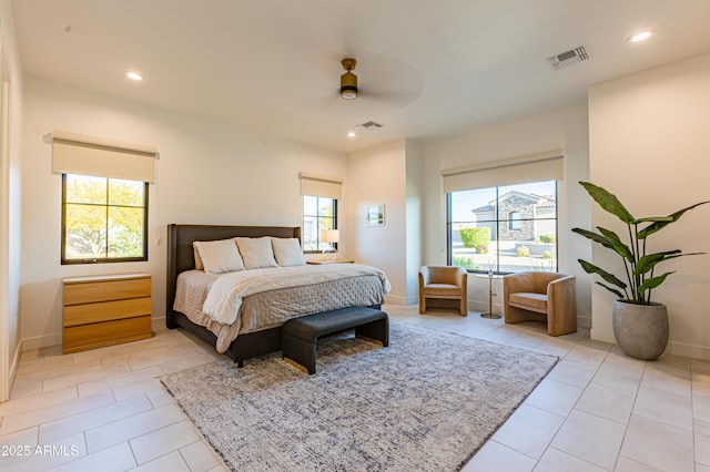 10918 W Dove Roost Rd, Queen Creek, AZ 85144 - bedroom featuring baseboards, ceiling fan, light tile patterned floors, and recessed lighting