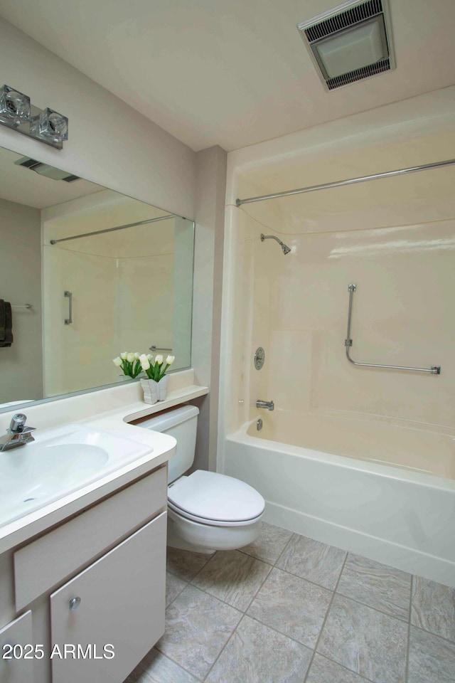 full bathroom with toilet, vanity, shower / bathtub combination, and visible vents
