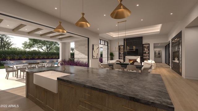 kitchen featuring a tray ceiling, recessed lighting, a sink, light wood-style floors, and decorative light fixtures