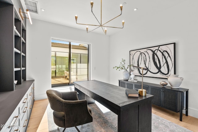 office with recessed lighting, a notable chandelier, visible vents, and light wood-style floors