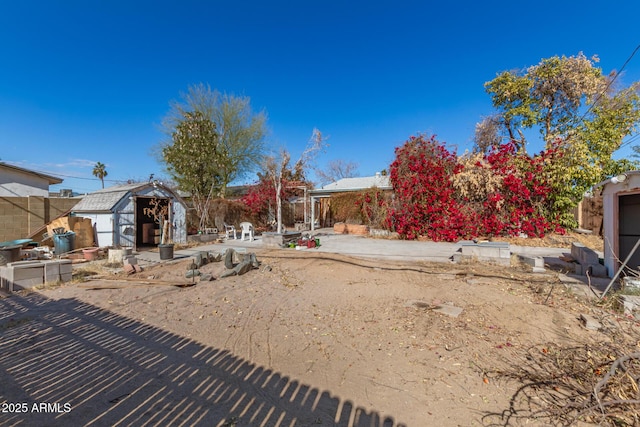 view of yard featuring a storage shed