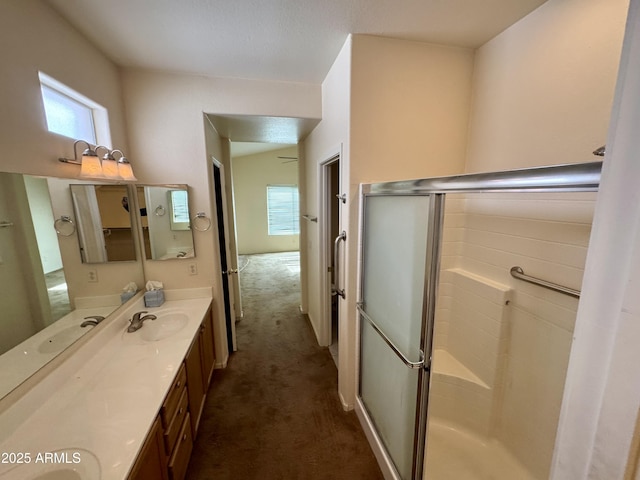 bathroom with vanity, a wealth of natural light, and a shower with shower door