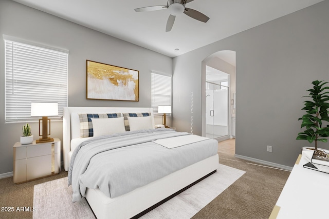 bedroom with ceiling fan and light carpet