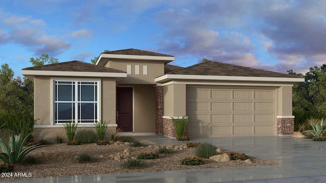 25118 N 171st Ln, Surprise, AZ 85387 - prairie-style house with an attached garage, driveway, stucco siding, and brick siding