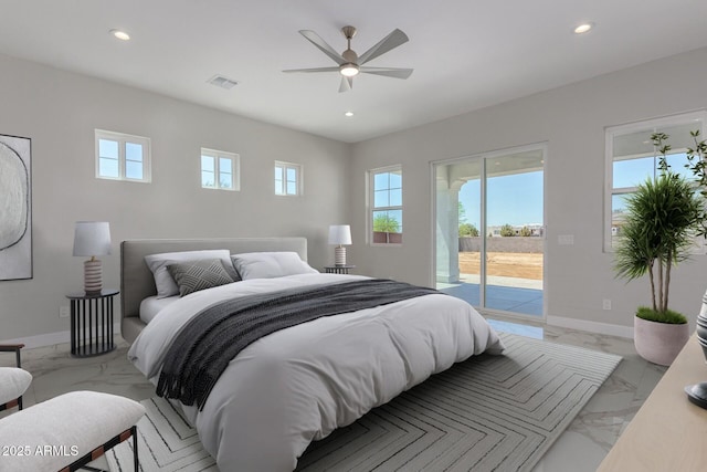 bedroom with recessed lighting, access to outside, marble finish floor, and baseboards