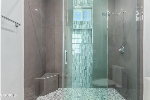 bathroom with toilet and a stall shower