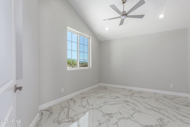 spare room featuring baseboards, recessed lighting, ceiling fan, and lofted ceiling