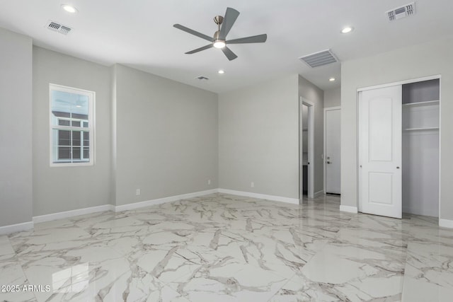 unfurnished bedroom with baseboards, visible vents, and recessed lighting