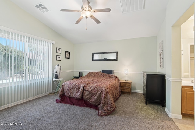 2401 E Antigua Dr, Casa Grande, AZ 85194 - bedroom featuring vaulted ceiling, light carpet, a ceiling fan, and baseboards