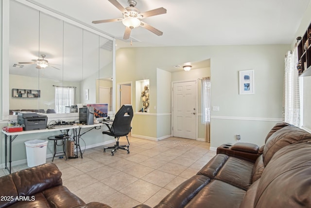 2401 E Antigua Dr, Casa Grande, AZ 85194 - living room featuring ceiling fan, vaulted ceiling, light tile patterned floors, baseboards, and an office area