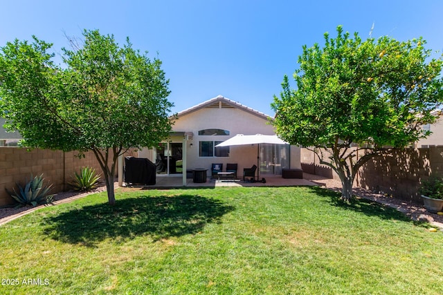 5018 W Wikieup Ln, Glendale, AZ 85308 - back of property with a fenced backyard, stucco siding, and a patio area