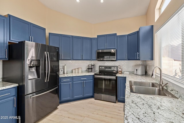 5018 W Wikieup Ln, Glendale, AZ 85308 - kitchen featuring stainless steel appliances, blue cabinets, decorative backsplash, light wood-type flooring, and recessed lighting
