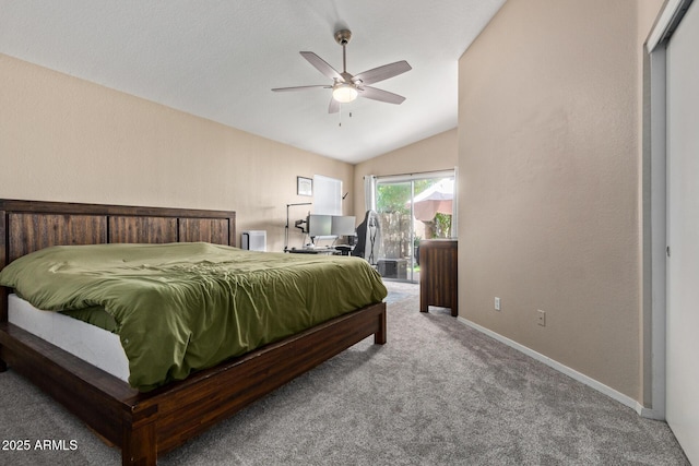 5018 W Wikieup Ln, Glendale, AZ 85308 - carpeted bedroom with access to exterior, lofted ceiling, and ceiling fan