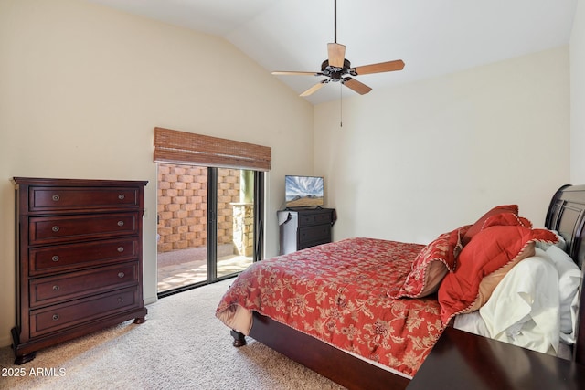 bedroom featuring lofted ceiling, carpet, a ceiling fan, and access to exterior