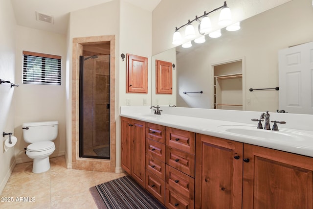 bathroom featuring visible vents, a sink, a shower stall, and double vanity