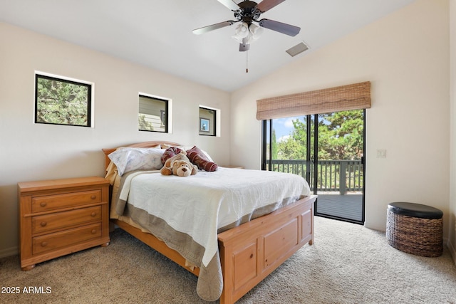 bedroom with access to exterior, visible vents, vaulted ceiling, and light colored carpet