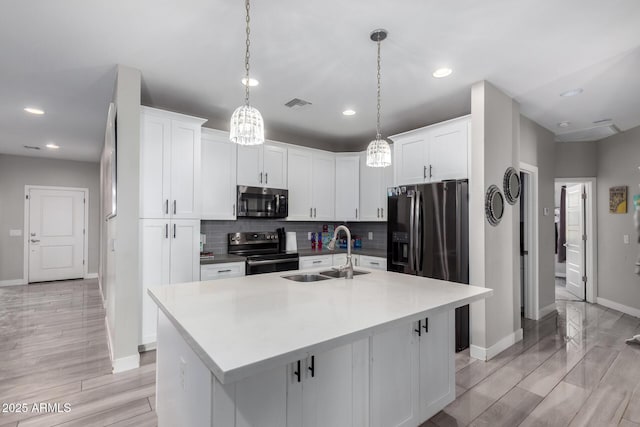 kitchen featuring range with electric cooktop, visible vents, decorative backsplash, stainless steel microwave, and a sink