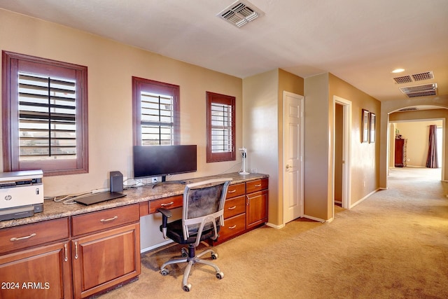 home office featuring light colored carpet