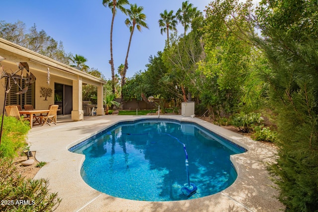 view of swimming pool with a patio area, fence, and a fenced in pool