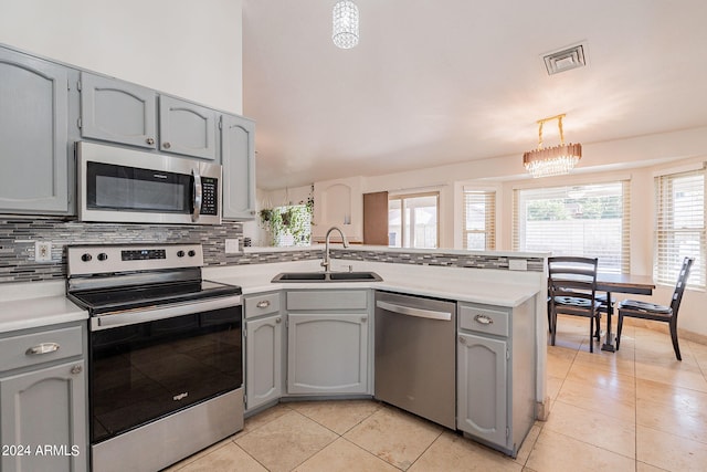 kitchen featuring pendant lighting, a chandelier, sink, kitchen peninsula, and appliances with stainless steel finishes