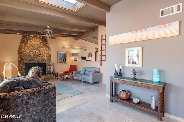 living room with wood ceiling, ceiling fan, a fireplace, and lofted ceiling with skylight