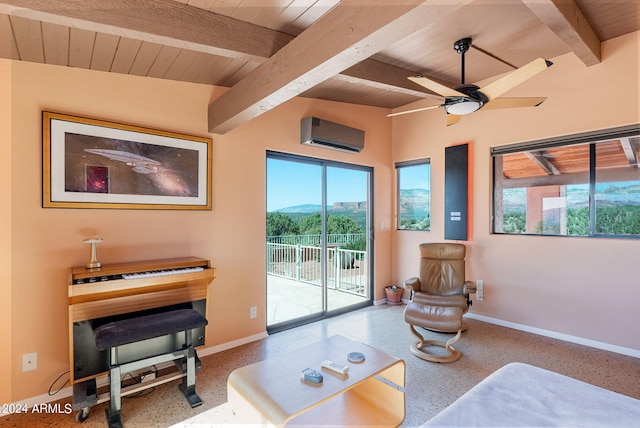 living room with lofted ceiling with beams, a mountain view, wooden ceiling, ceiling fan, and a wall mounted air conditioner