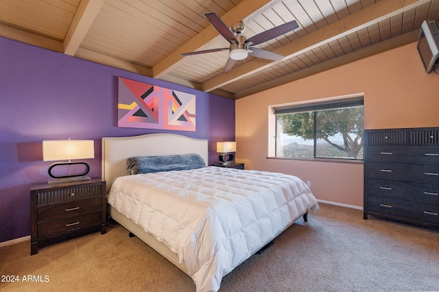 bedroom featuring ceiling fan, light colored carpet, wood ceiling, and vaulted ceiling with beams