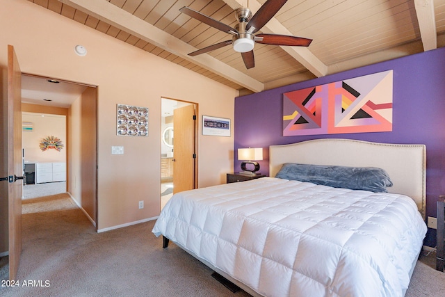 carpeted bedroom with vaulted ceiling with beams, ceiling fan, and wooden ceiling