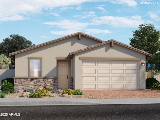 4225 W Lisa Ln, San Tan Valley, AZ 85144 - view of front of house with decorative driveway, stucco siding, a garage, stone siding, and a tiled roof