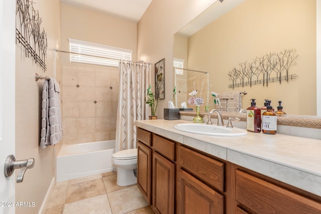 full bathroom with shower / tub combo, tile patterned flooring, vanity, and toilet