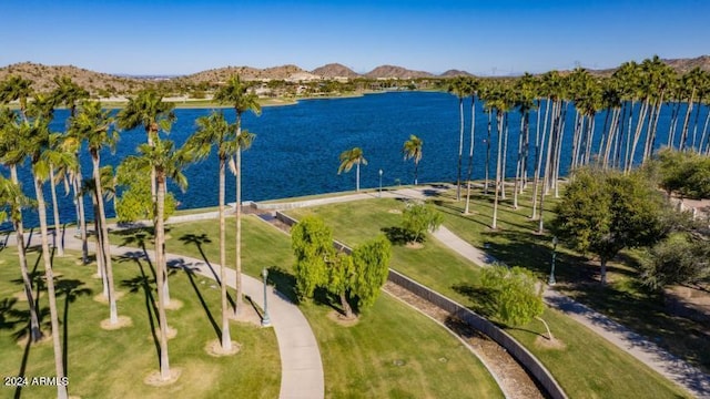 birds eye view of property with a water and mountain view