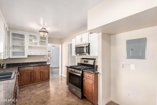 kitchen featuring white cabinets, appliances with stainless steel finishes, electric panel, and ceiling fan