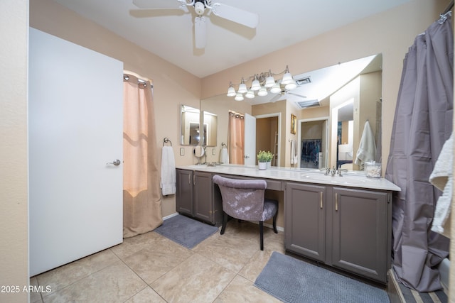 full bath with ceiling fan, double vanity, tile patterned flooring, and visible vents