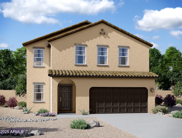 mediterranean / spanish-style house featuring a garage, a tiled roof, concrete driveway, and stucco siding