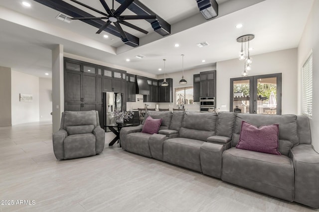 living area featuring recessed lighting, french doors, visible vents, and ceiling fan