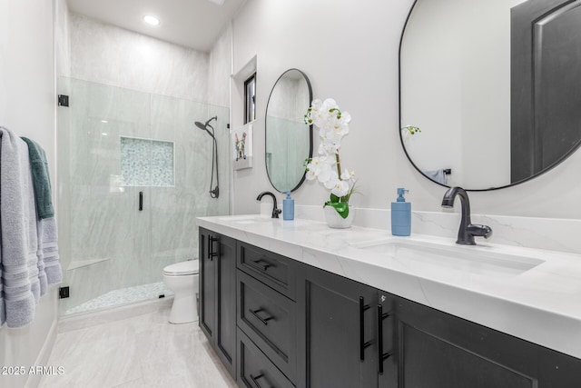 full bathroom with toilet, a stall shower, double vanity, and a sink