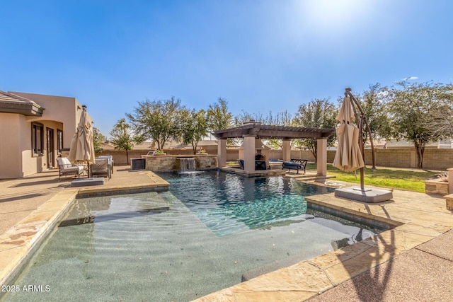 view of pool with a fenced backyard, a pergola, a fenced in pool, and a patio