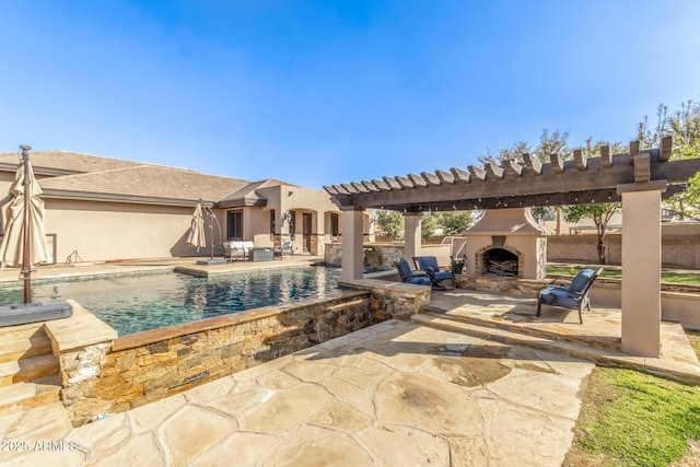 pool featuring a patio, exterior fireplace, and a pergola