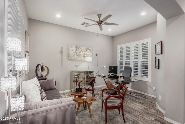 4519 N 29th Way, Phoenix, AZ 85016 - living room featuring ceiling fan, a desk, wood finished floors, baseboards, and recessed lighting