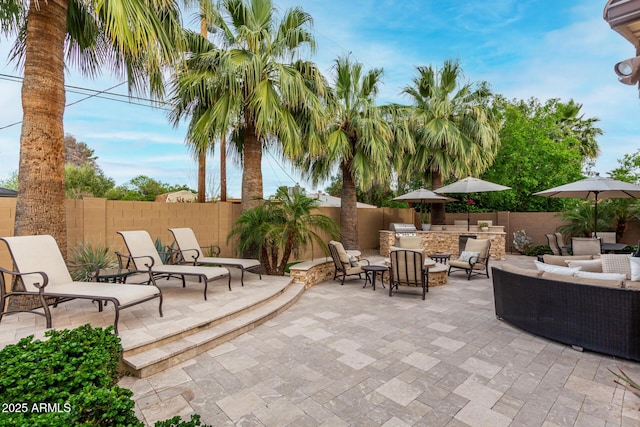 4519 N 29th Way, Phoenix, AZ 85016 - fenced backyard with an outdoor living space, a patio area, and grilling area