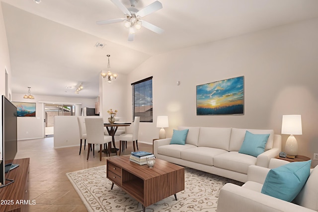 9332 W Mary Ann Dr, Peoria, AZ 85382 - living area featuring a chandelier, vaulted ceiling, a ceiling fan, light tile patterned floors, and baseboards