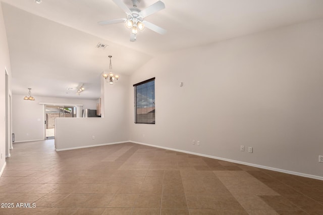 9332 W Mary Ann Dr, Peoria, AZ 85382 - empty room with ceiling fan, a chandelier, baseboards, lofted ceiling, and tile patterned floors